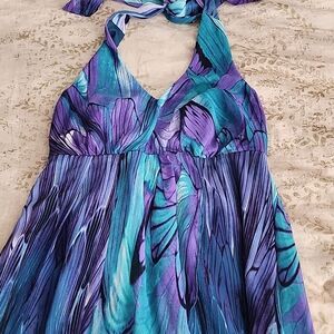 Enfocus Size 10 Aqua Purple High Low Halter Style Tie Dress